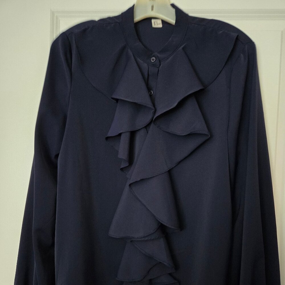 Navy Blue Ruffle Front Poets Blouse